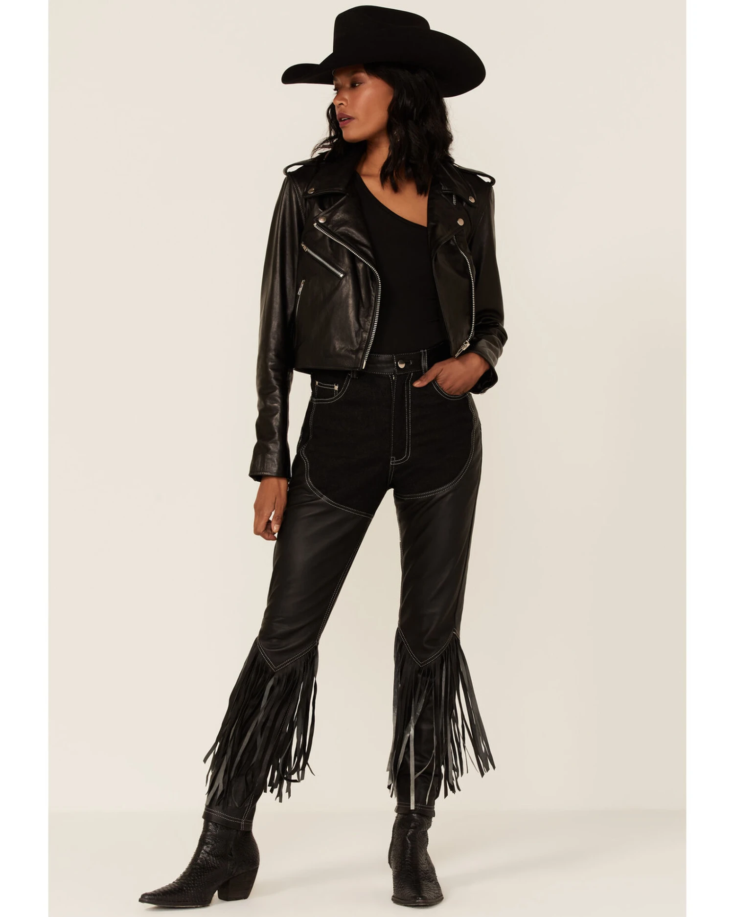 Understated Leather Women's Cowboy Denim & Leather Fringe Chap Jeans 1 Understated Leather Women's Cowboy Denim & Leather Fringe Chap Jeans