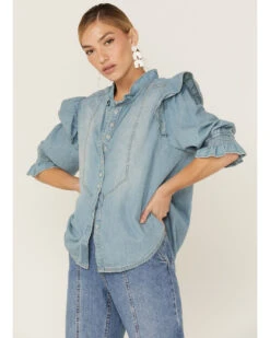 Free People Women's Louise Denim Top -Cheap Western Femme Store 2000362295 400 P2
