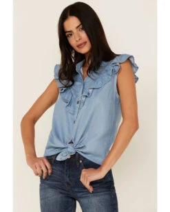 Tasha Polizzi Women's Chambray Ruffle Sleeveless Shirt 6 Tasha Polizzi Women's Chambray Ruffle Sleeveless Shirt -Cheap Western Femme Store 2000362904 400 P1