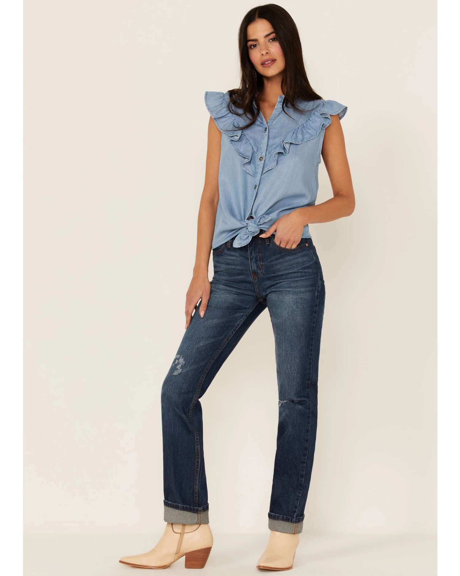 Tasha Polizzi Women's Chambray Ruffle Sleeveless Shirt 4 Tasha Polizzi Women's Chambray Ruffle Sleeveless Shirt - Image 4