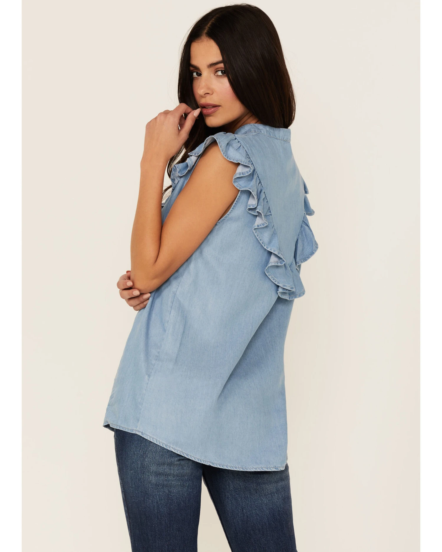 Tasha Polizzi Women's Chambray Ruffle Sleeveless Shirt 2 Tasha Polizzi Women's Chambray Ruffle Sleeveless Shirt - Image 2