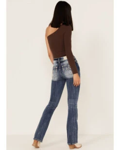 Miss Me Women's Dark Wash Mid Rise Puff Cross Tonal Denim Bootcut Jeans -Cheap Western Femme Store 2000364479 400 P1