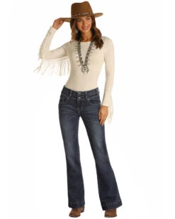 Rock & Roll Denim Women's Dark Wash Mid Rise Bootcut Jeans -Cheap Western Femme Store 2000368547 401 P1