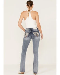 Miss Me Women's Medium Wash Stretch Mid Rise Peacock Embroidery Bootcut Jeans -Cheap Western Femme Store 2000369052 414 P1