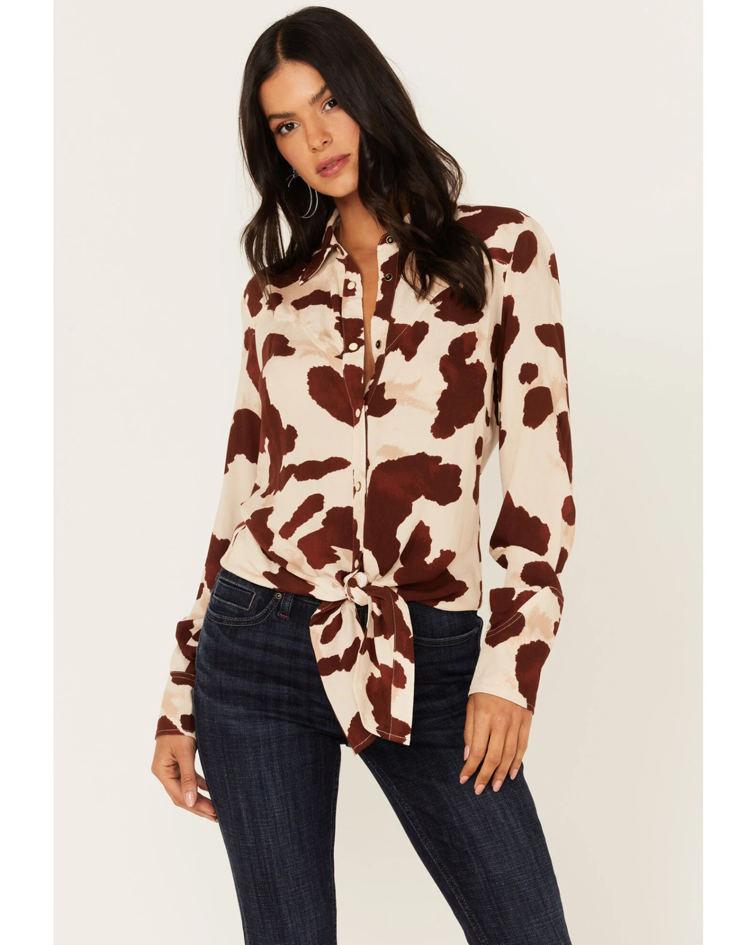 Idyllwind Women's Cow Print Tie Front Long Sleeve Western Shirt 1 Idyllwind Women's Cow Print Tie Front Long Sleeve Western Shirt