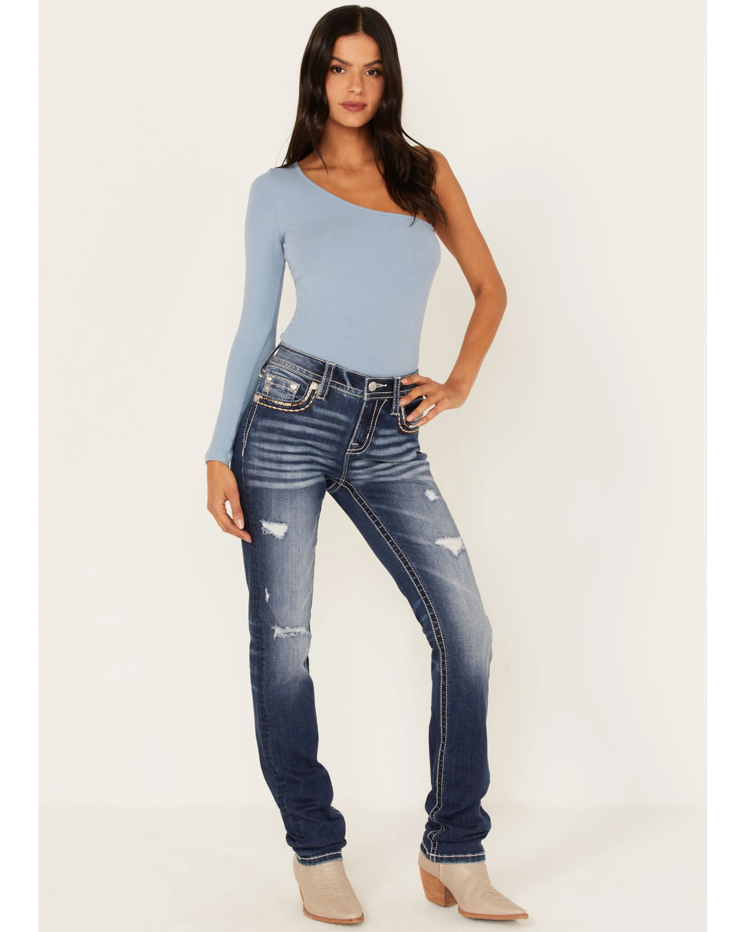 Miss Me Women's Dark Wash Mid Rise Embroidered Rhinestone Distressed Straight Jeans 3 Miss Me Women's Dark Wash Mid Rise Embroidered Rhinestone Distressed Straight Jeans - Image 3