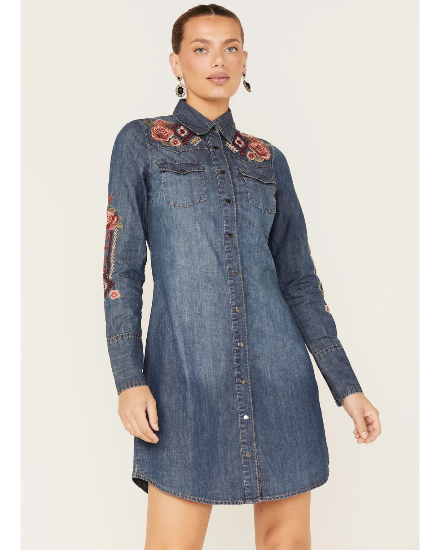 Stetson Women's Floral Embroidered Medium Wash Denim Long Sleeve Dress 2 Stetson Women's Floral Embroidered Medium Wash Denim Long Sleeve Dress - Image 2