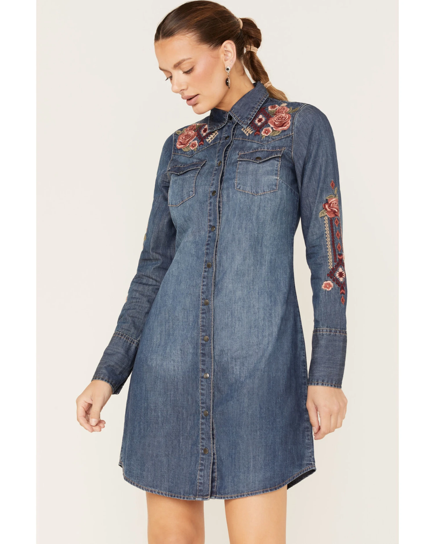 Stetson Women's Floral Embroidered Medium Wash Denim Long Sleeve Dress 1 Stetson Women's Floral Embroidered Medium Wash Denim Long Sleeve Dress