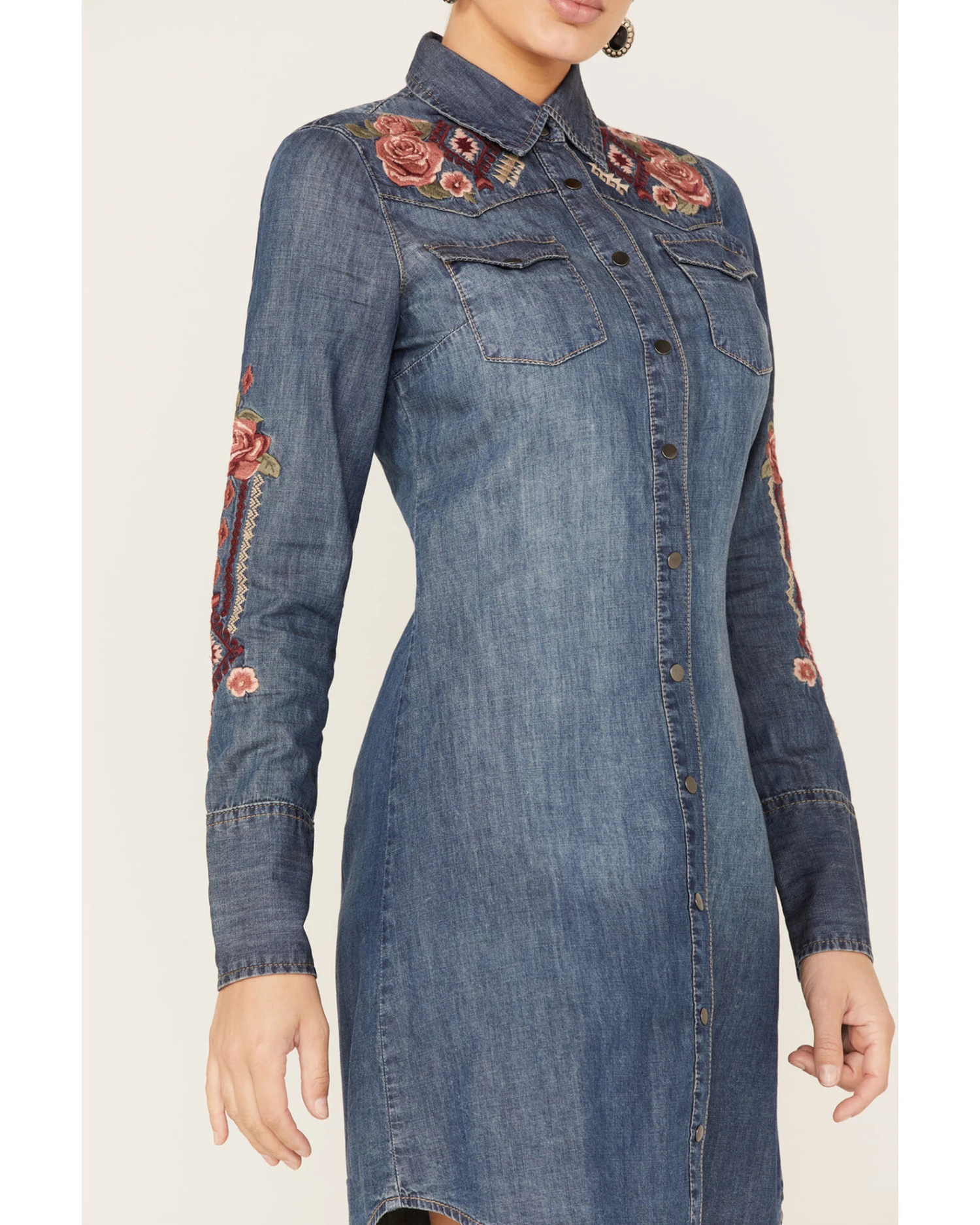 Stetson Women's Floral Embroidered Medium Wash Denim Long Sleeve Dress 3 Stetson Women's Floral Embroidered Medium Wash Denim Long Sleeve Dress - Image 3