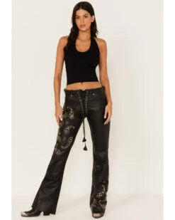 Boot Barn X Understated Leather Women's Rhinestone Studded Lace-Up Flare Leather Pants -Cheap Western Femme Store 2000384215 001 P1