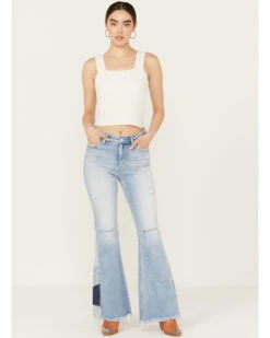 Ceros Women's Light Wash High Rise Destructed Patchwork Flare Stretch Jeans