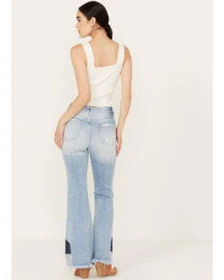 Ceros Women's Light Wash High Rise Destructed Patchwork Flare Stretch Jeans -Cheap Western Femme Store 2000388374 412 P3