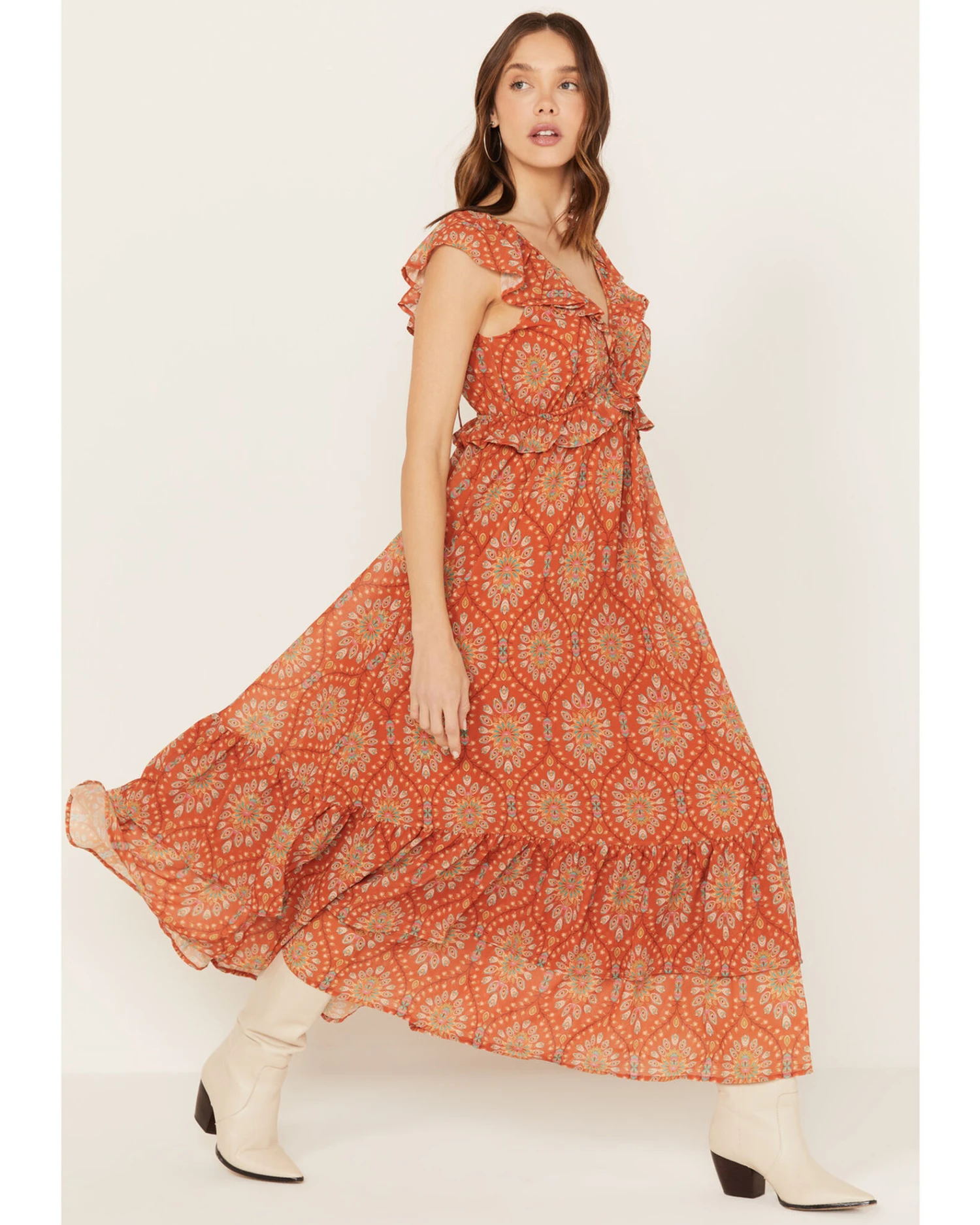 Flying Tomato Women's Ruffle Trim Printed Maxi Dress 1 Flying Tomato Women's Ruffle Trim Printed Maxi Dress